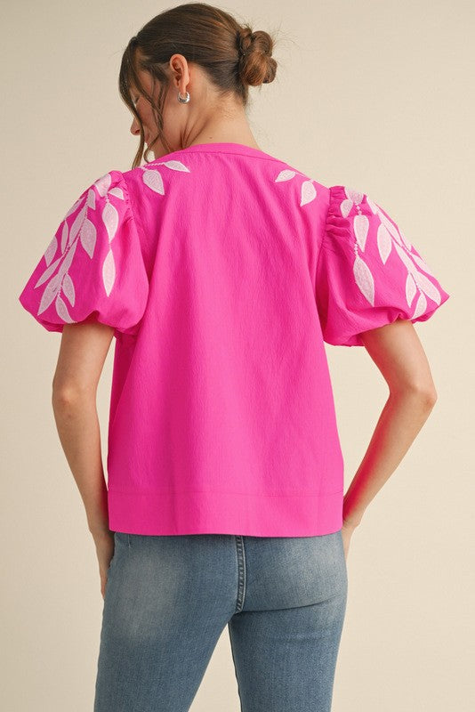 Leaf Embroidered Puffed Sleeves Top-Hot Pink