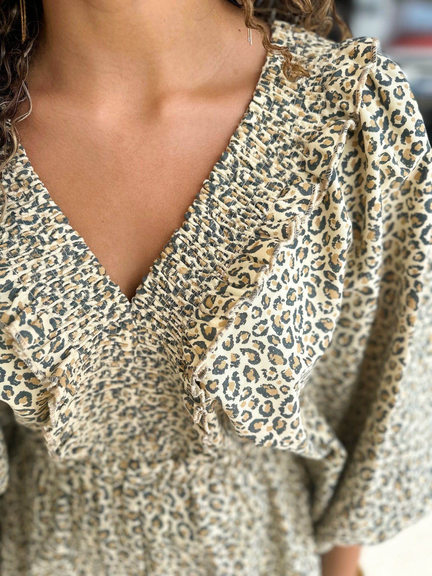 Ruffled V-Neck Romper-Cream Leopard