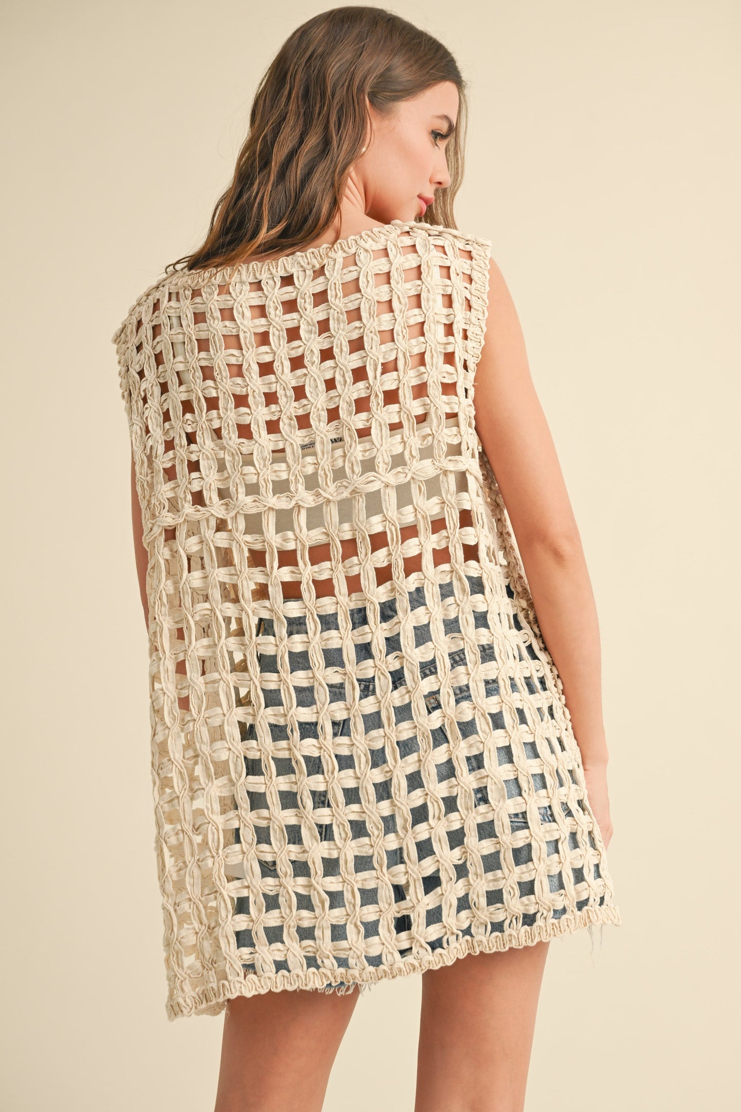 ROUND NECK NET TOP-BEIGE