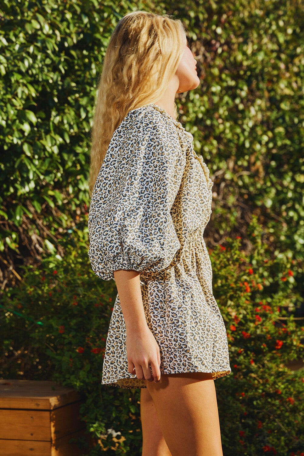 Ruffled V-Neck Romper-Cream Leopard