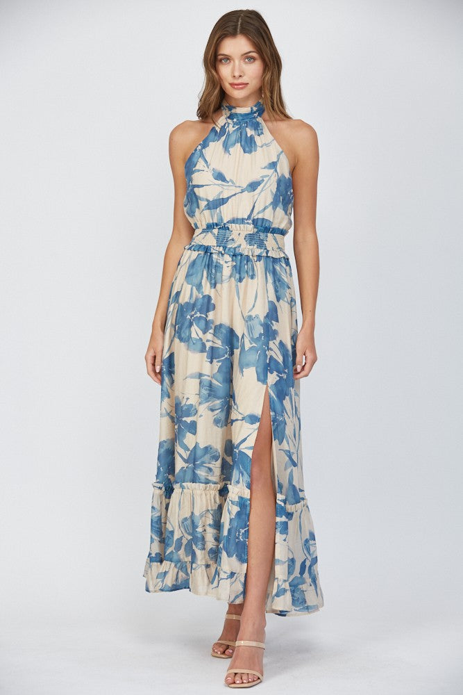 Sandy Halter Maxi- Cream/Blue