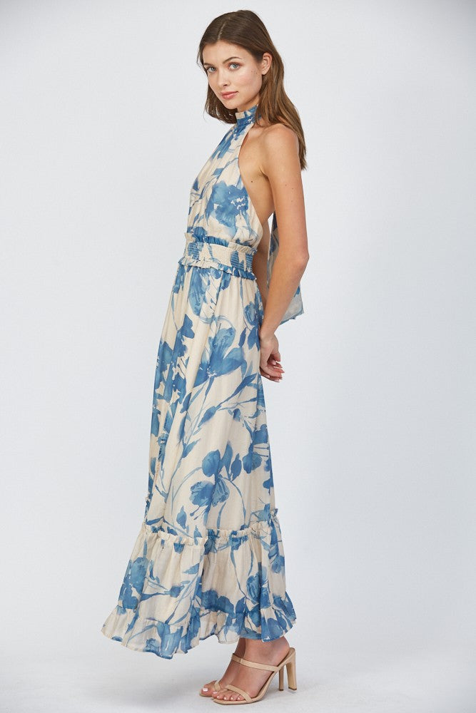 Sandy Halter Maxi- Cream/Blue