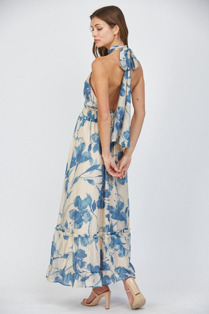 Sandy Halter Maxi- Cream/Blue