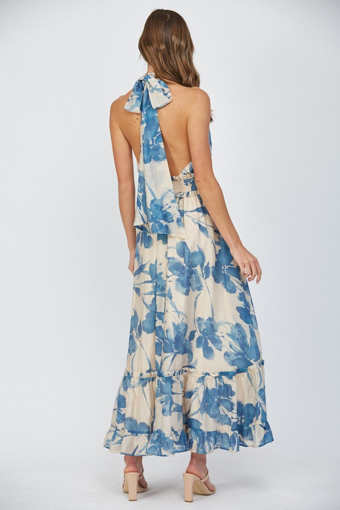 Sandy Halter Maxi- Cream/Blue