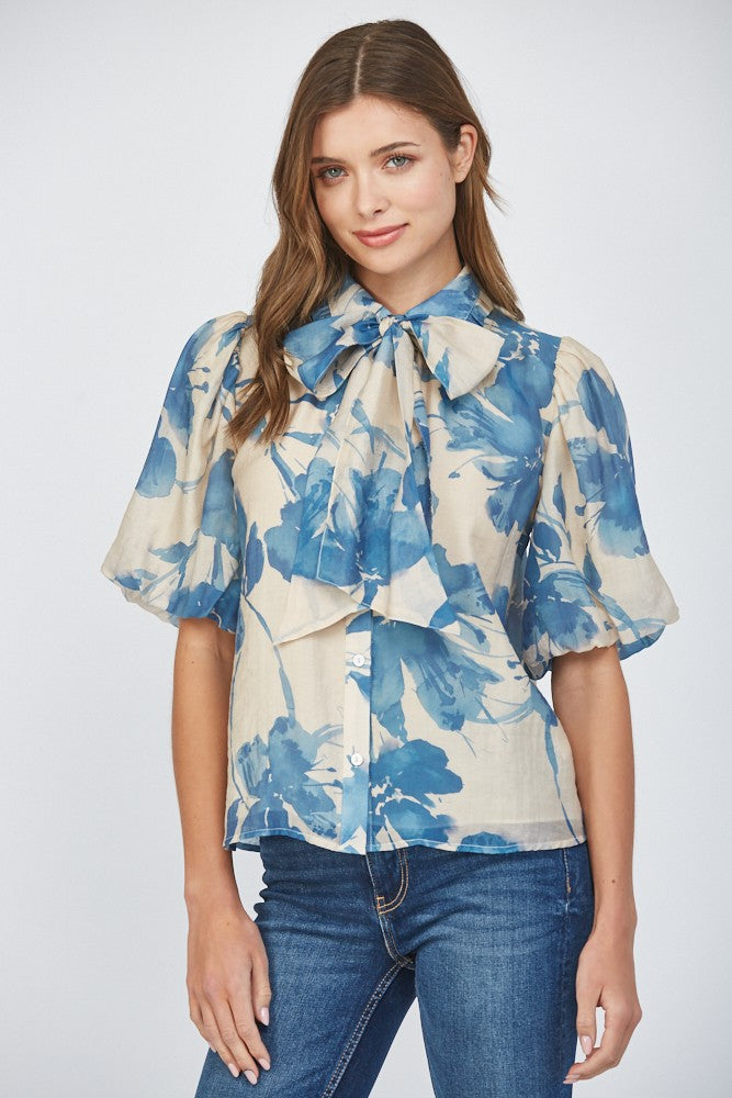 Sandy Neck Tie Blouse-Cream/Blue