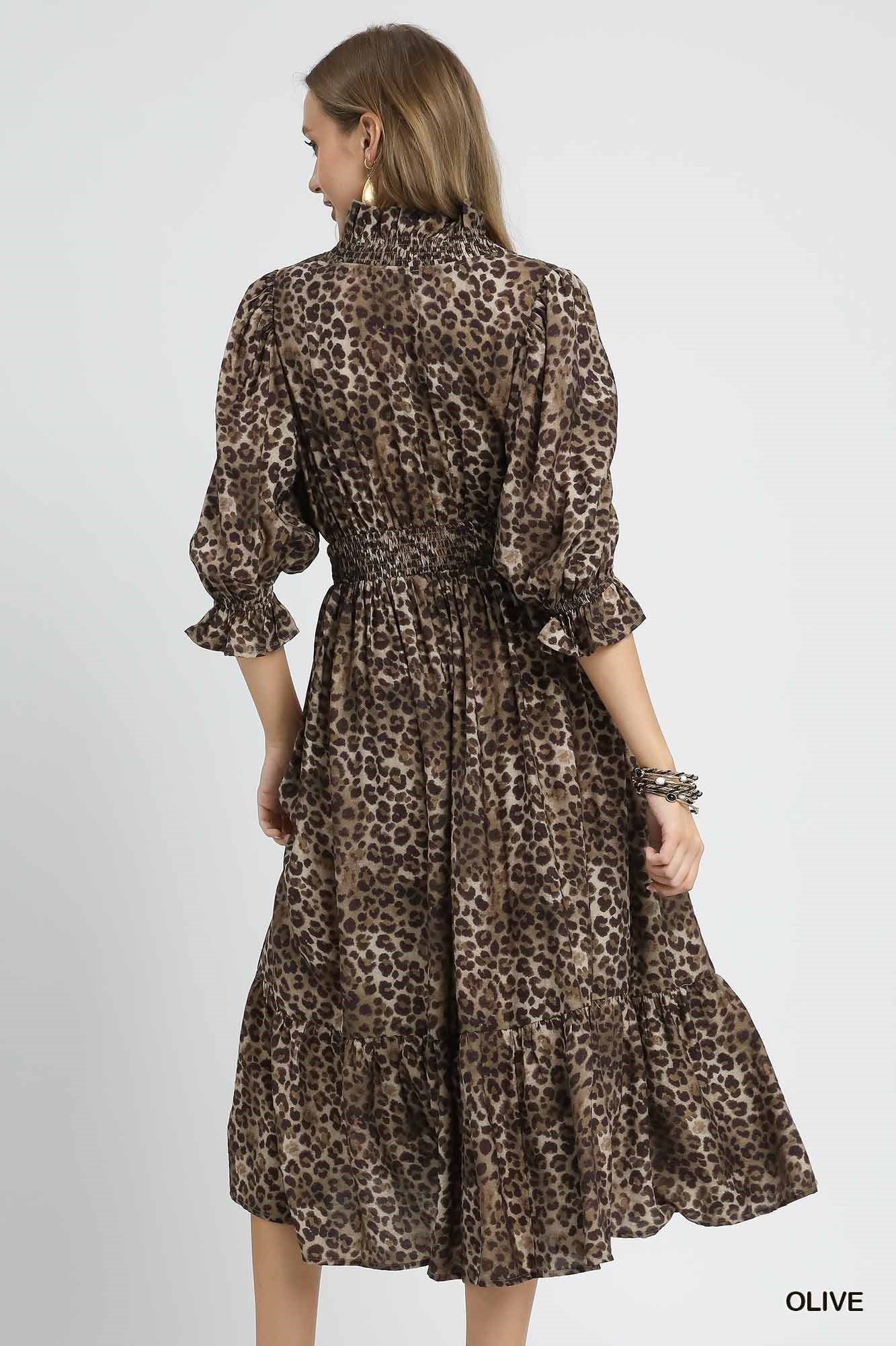 Animal Print Puff Sleeve Midi