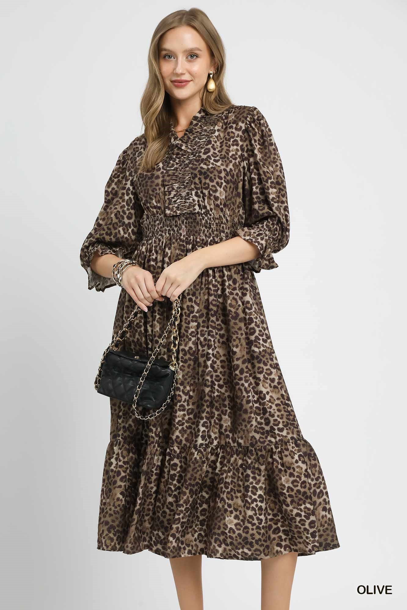 Animal Print Puff Sleeve Midi