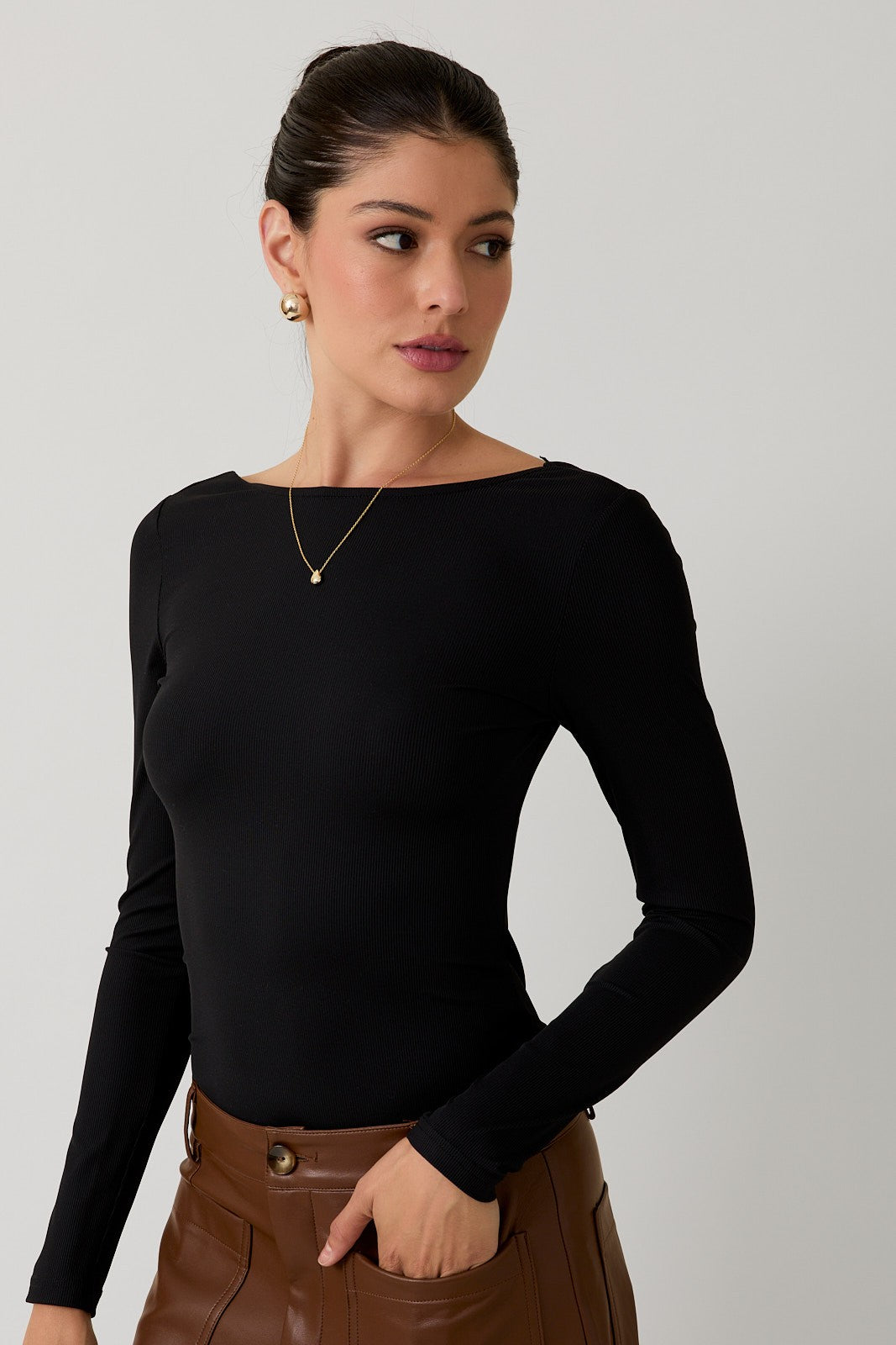 Elizabeth Boat Neck Bodysuit-Black