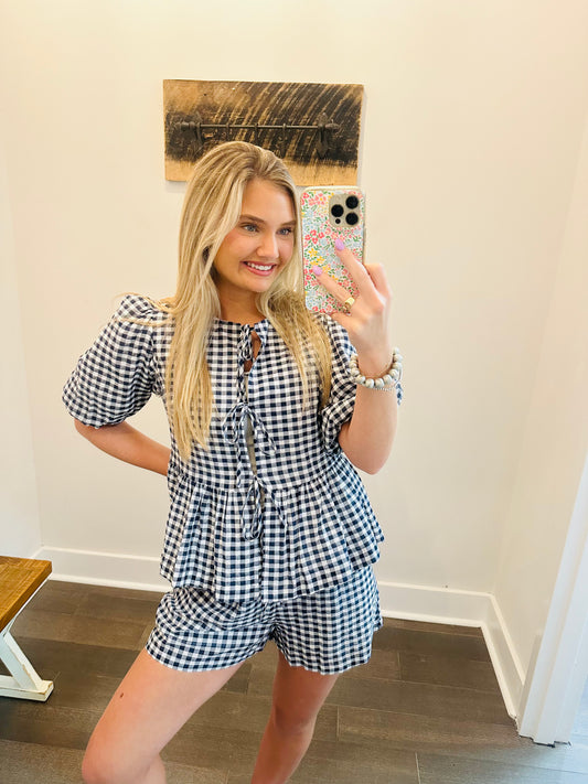 Open Gingham Set-Navy/White