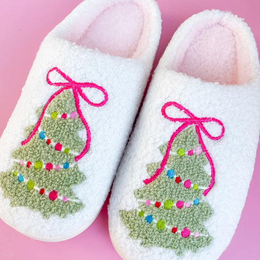 Pink Bow Christmas Tree Slippers