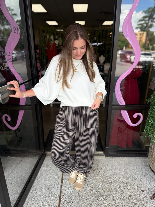 Striped Double Gauze Contrast Pocket Balloon Pants - black