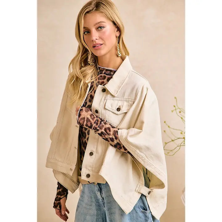 Ivory Oversized Cape Sleeve Cropped Denim Jacket