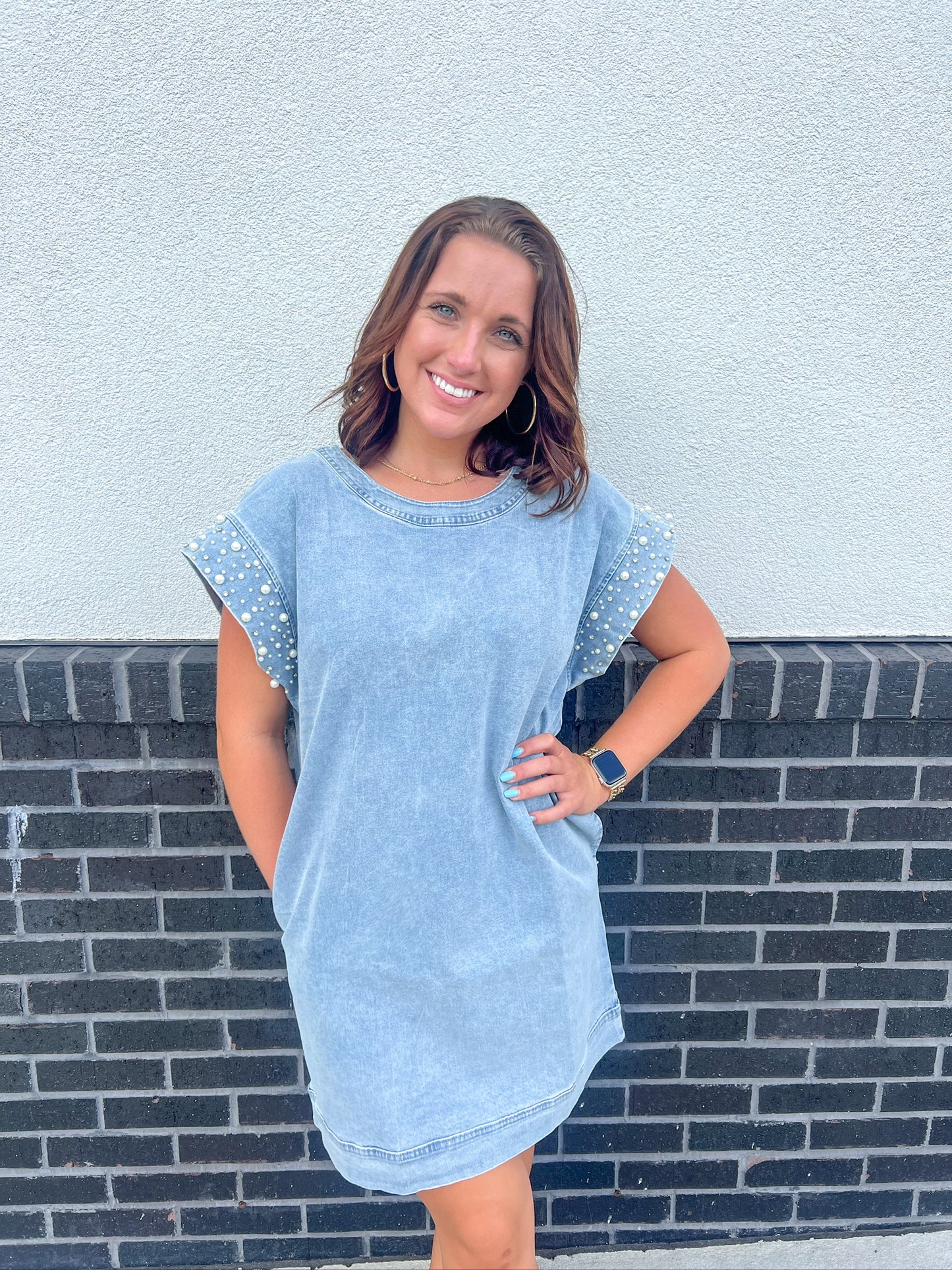 Pearl Fever Denim Dress- Light Wash