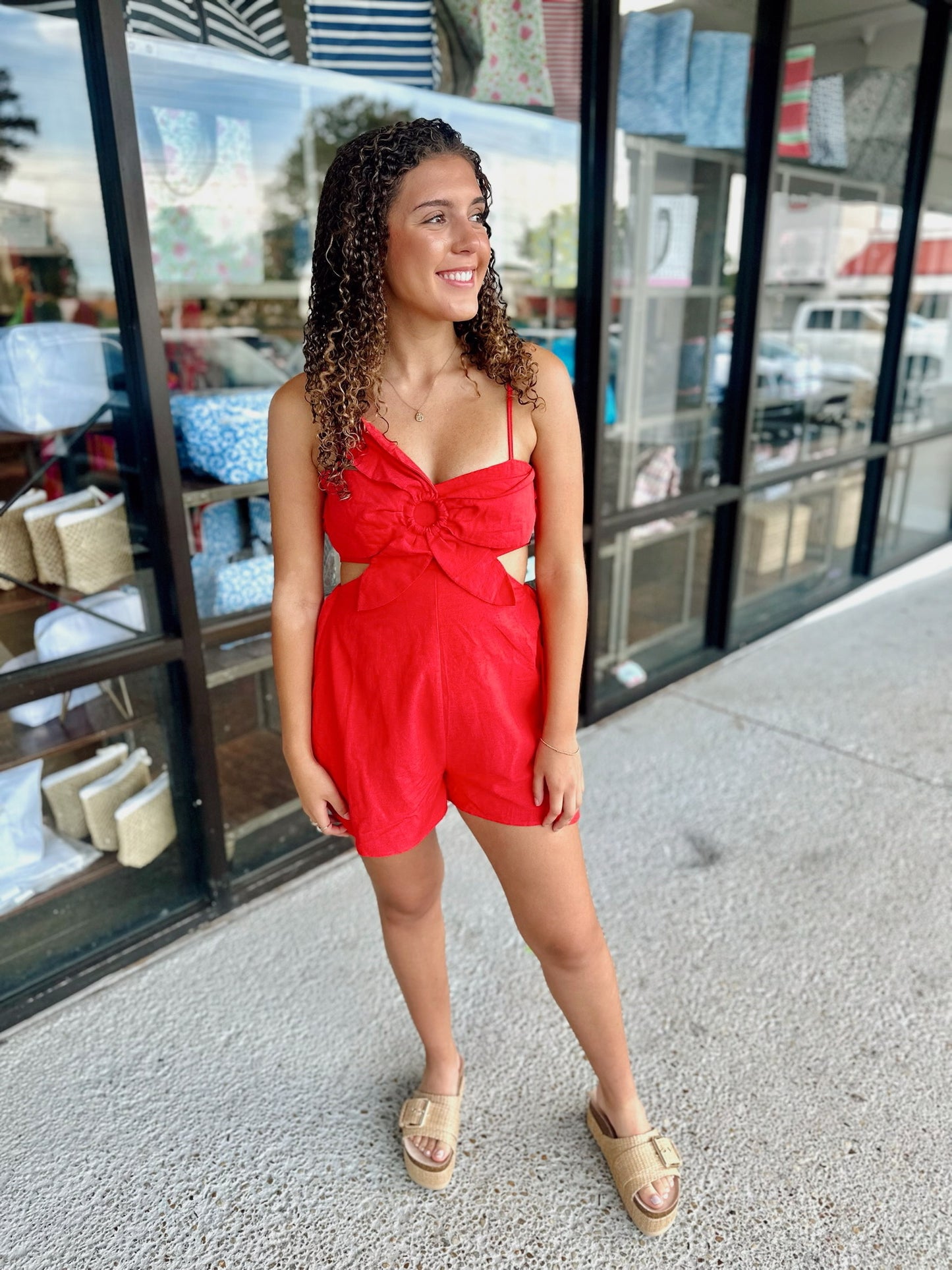 Linen Flower Jumpsuit-Red
