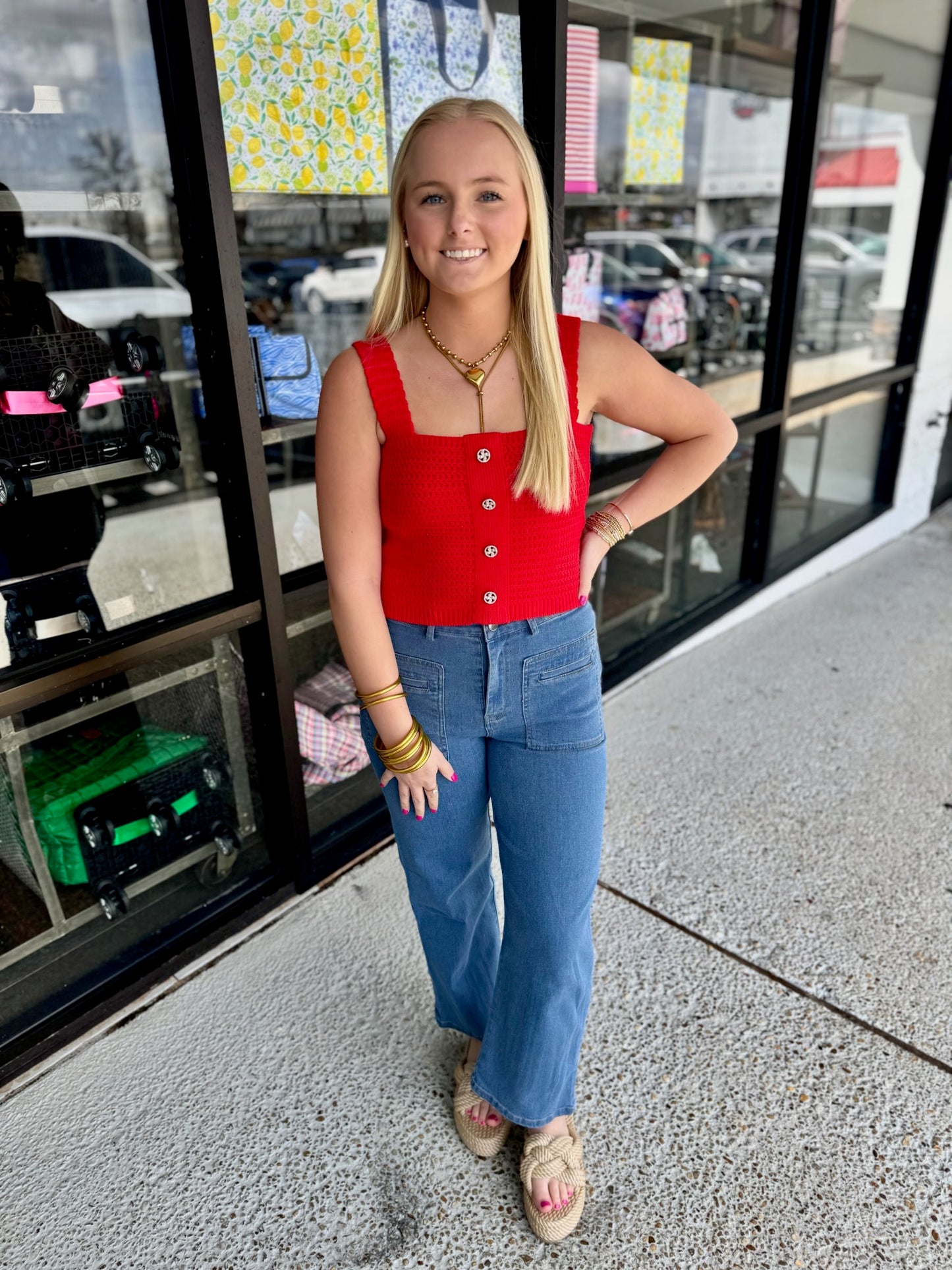 Button Crochet Crop Top- Red