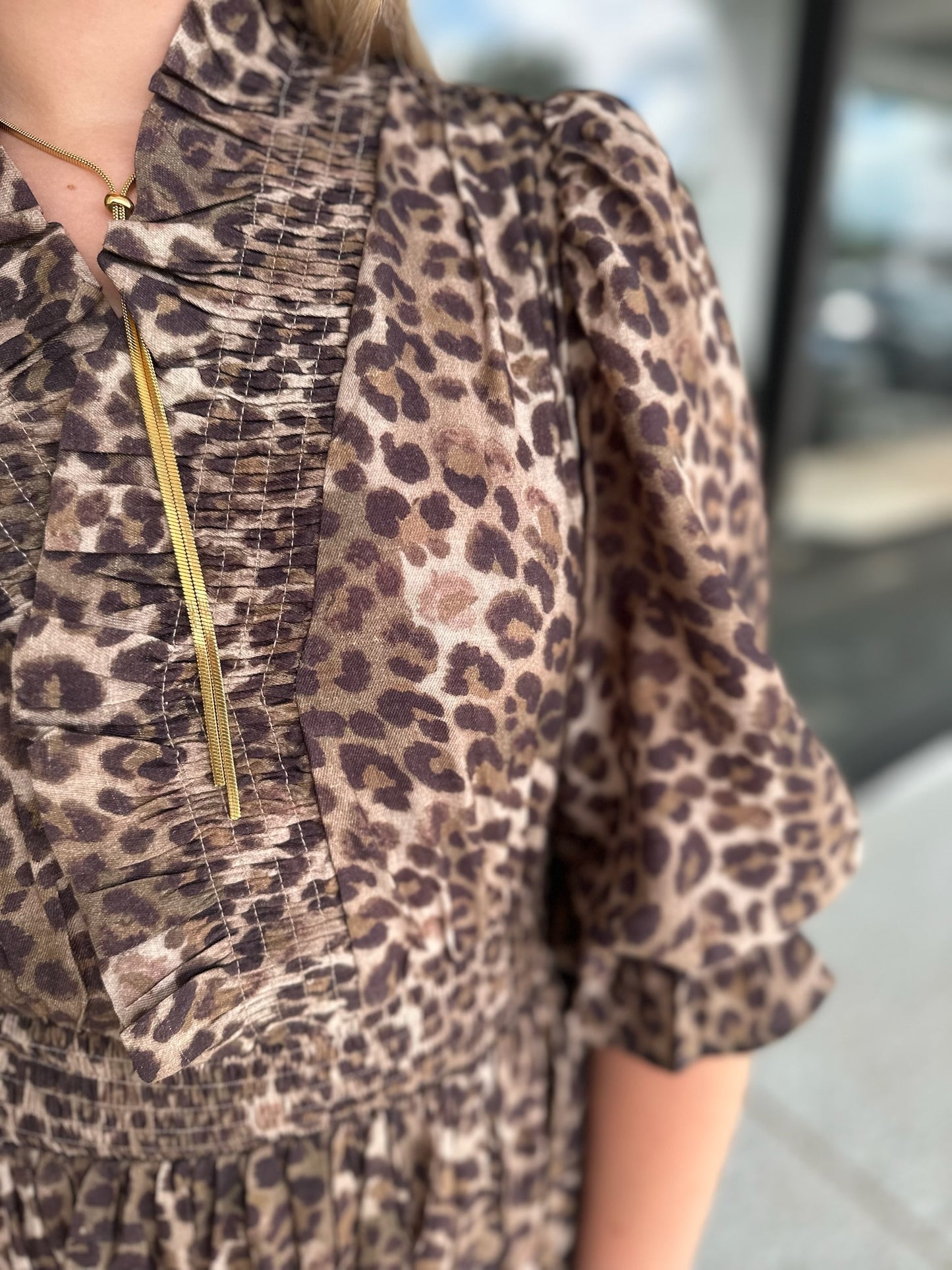 Animal Print Puff Sleeve Midi