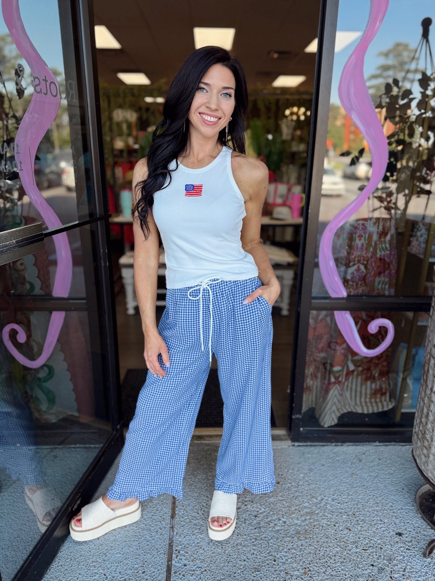 Checkered Gingham Fully Lined Pants - navy