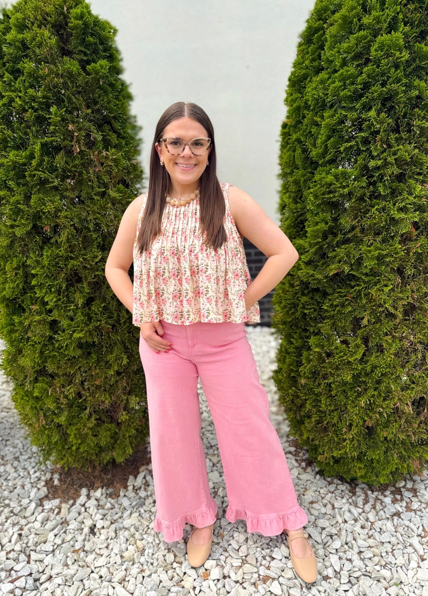 Reba Top - natural/pink floral