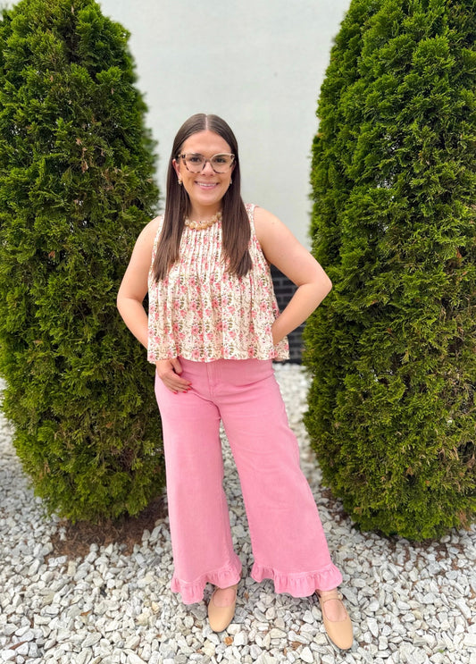 Reba Top - natural/pink floral