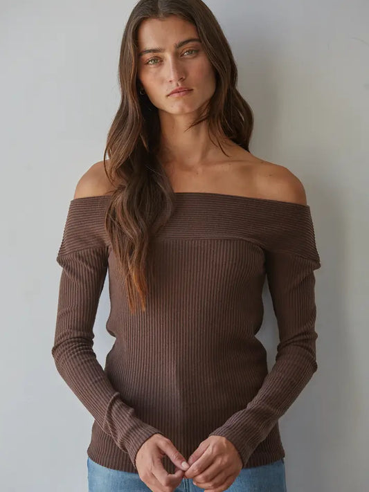 Asym Ribbed Off Shoulder Top Knit - brown