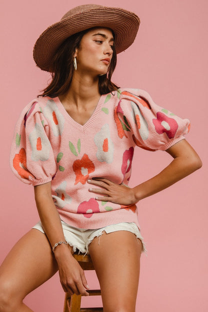 Floral Pattern Puff Sleeve-Blush