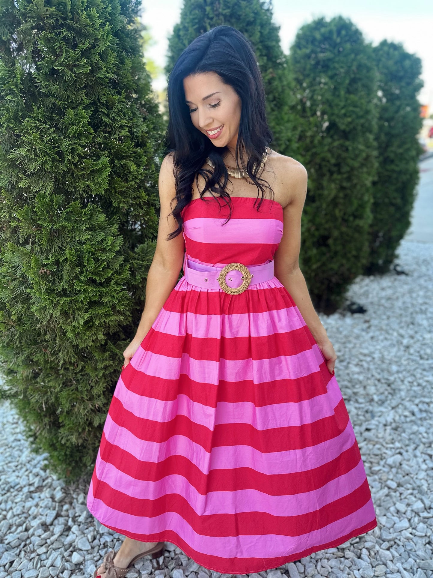 Stripes + Belt Midi - red