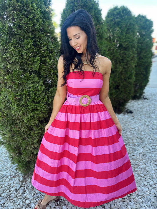 Stripes + Belt Midi - red
