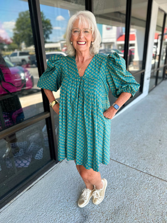 Casey Dress - Teal/Mustard Mix