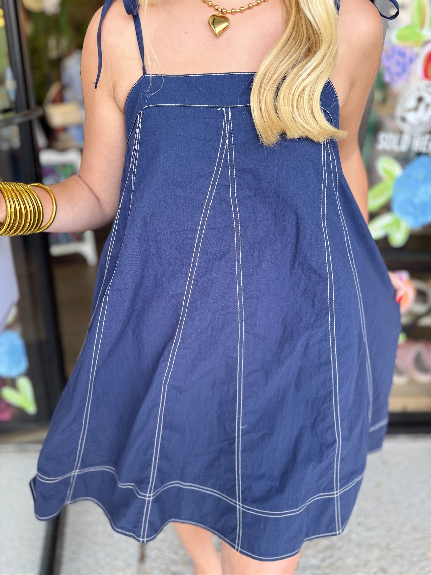 Contrast Top Stitch Mini Dress-Navy