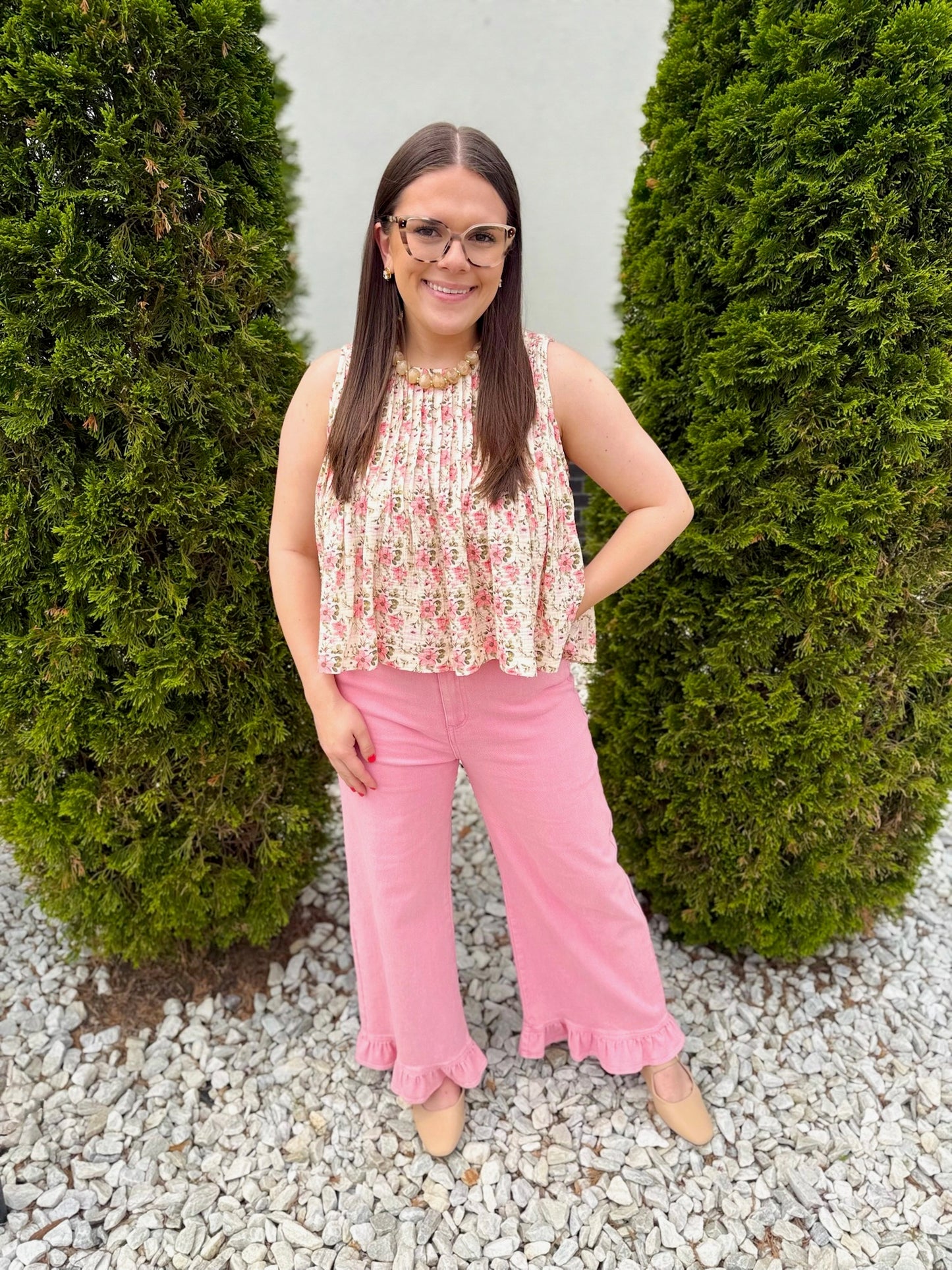Reba Top - natural/pink floral