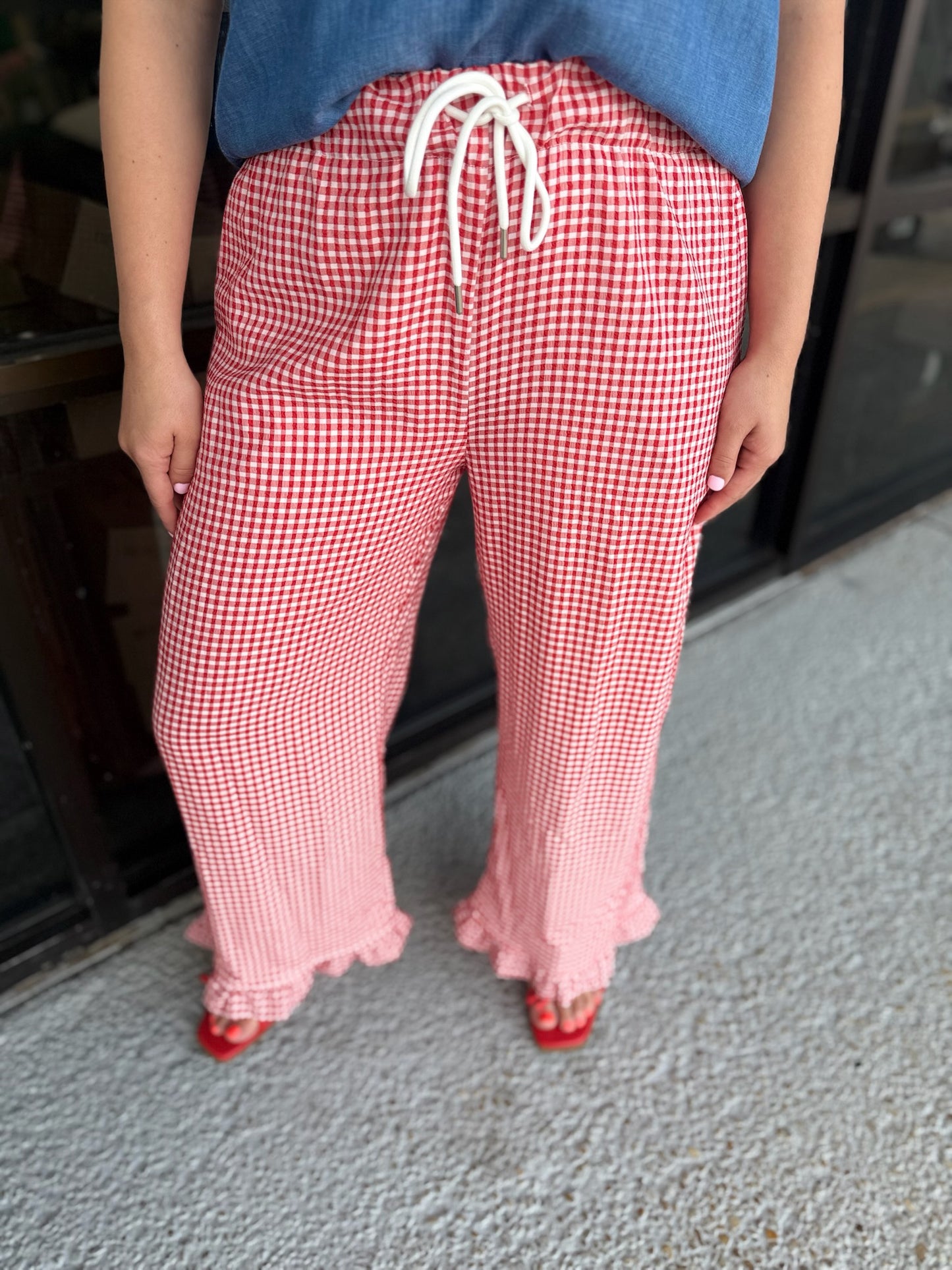 Checkered Gingham Fully Lined Pants - red