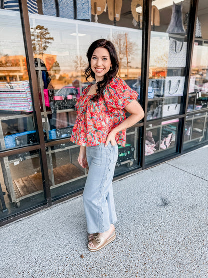 Floral Asymmetrical Blouse-Red