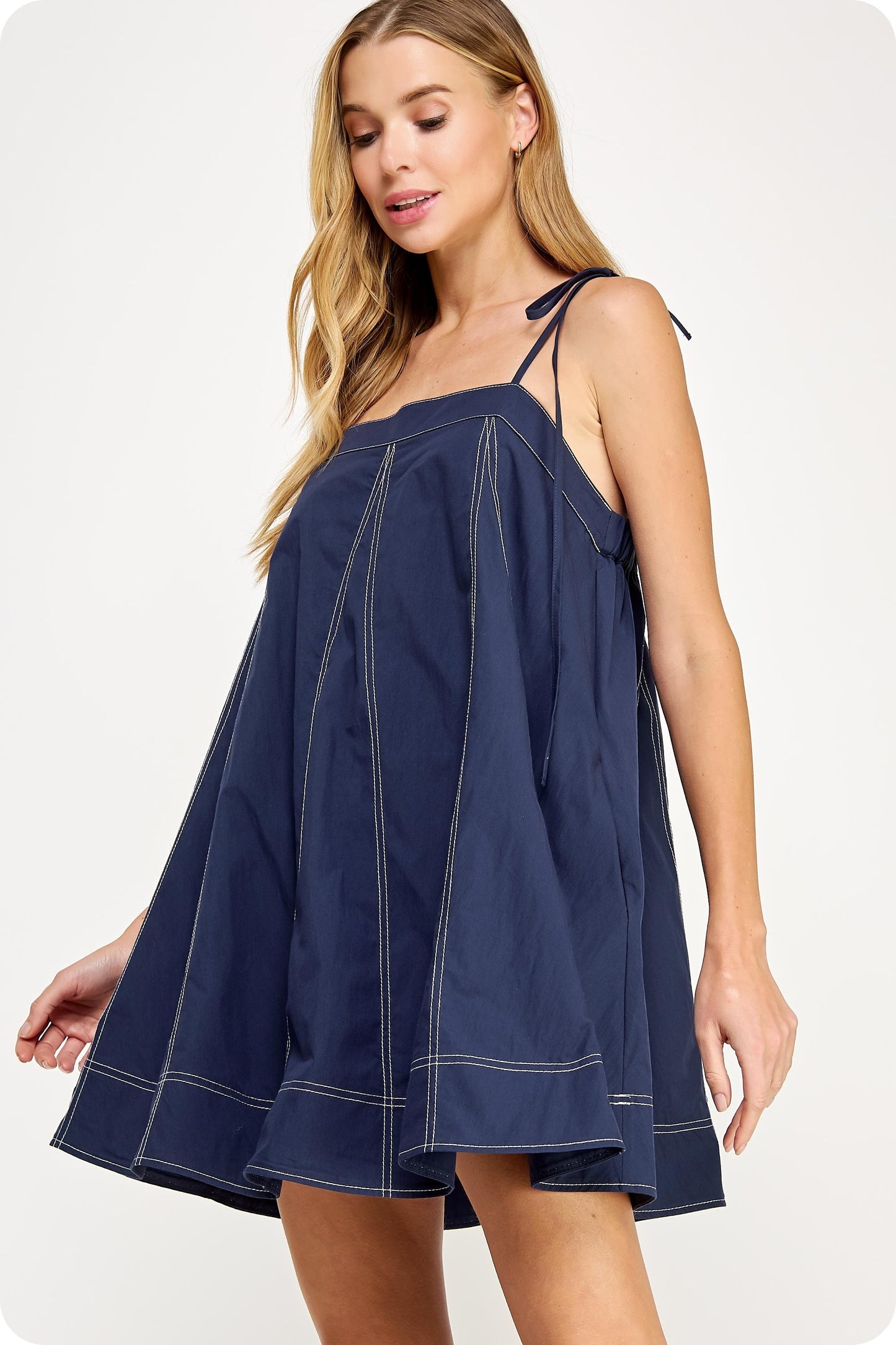 Contrast Top Stitch Mini Dress-Navy