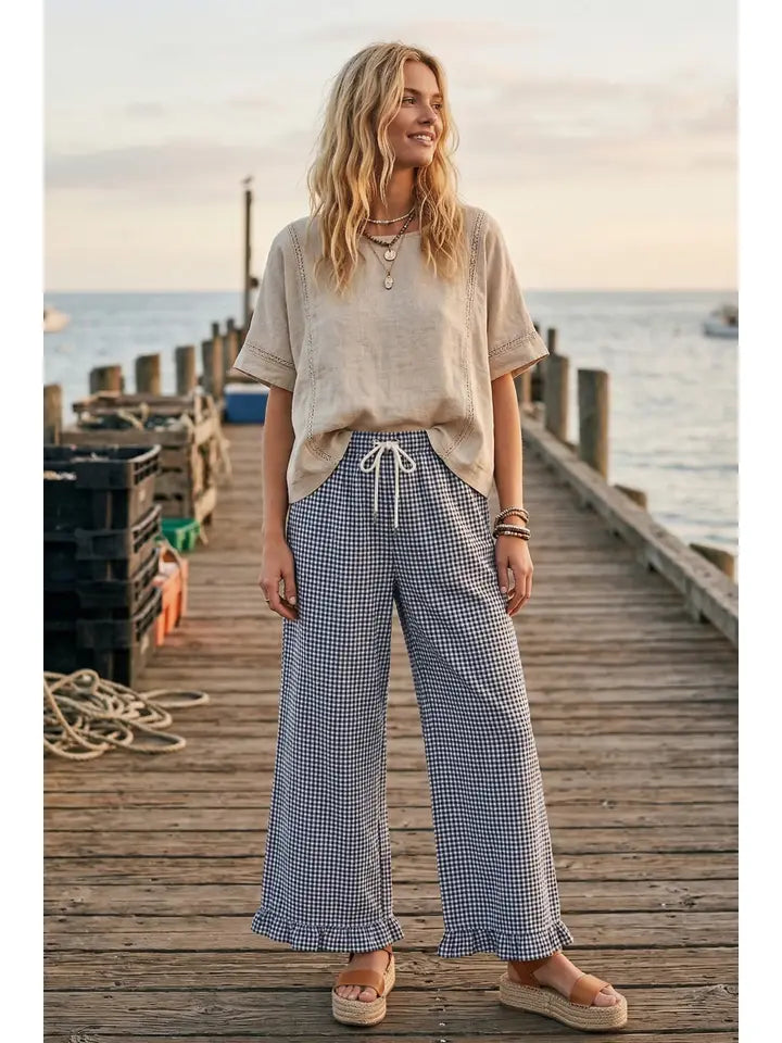 Checkered Gingham Fully Lined Pants - navy