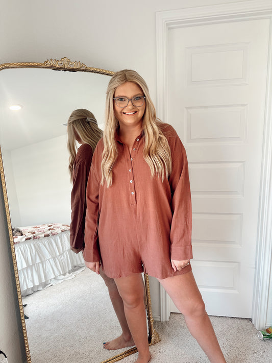 Button Up Romper - Brick