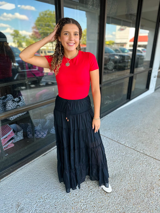 Drawstring Tiered Maxi Skirt