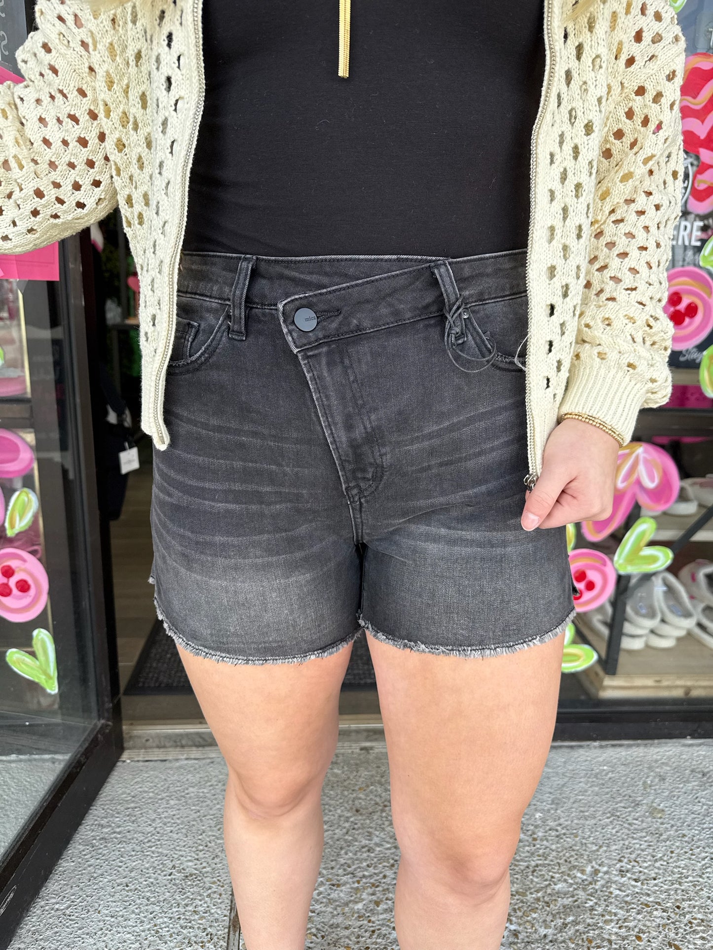 Black Cross Denim Shorts