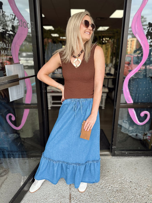 Tiered Cutie Denim Maxi Skirt