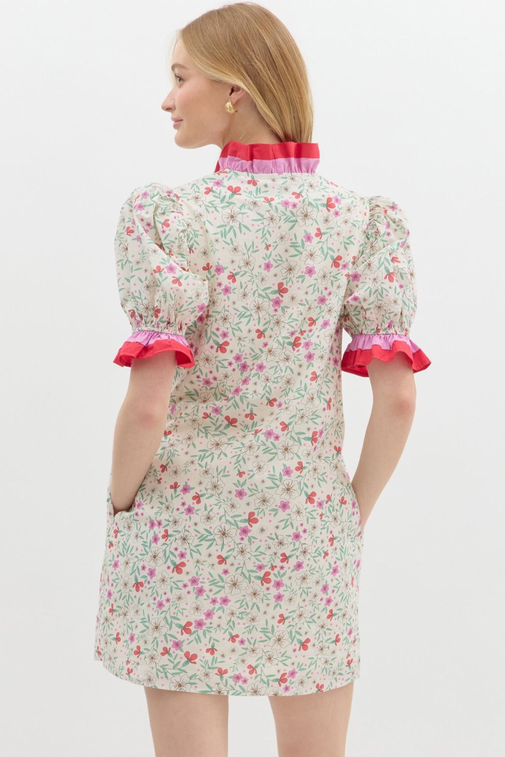 Floral Button Ruffle Mini- Pink/Ecru Mix