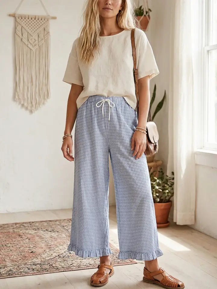 Checkered Gingham Fully Lined Pants - navy