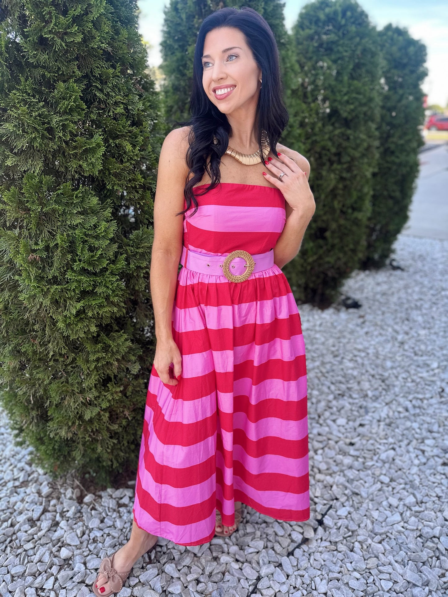 Stripes + Belt Midi - red