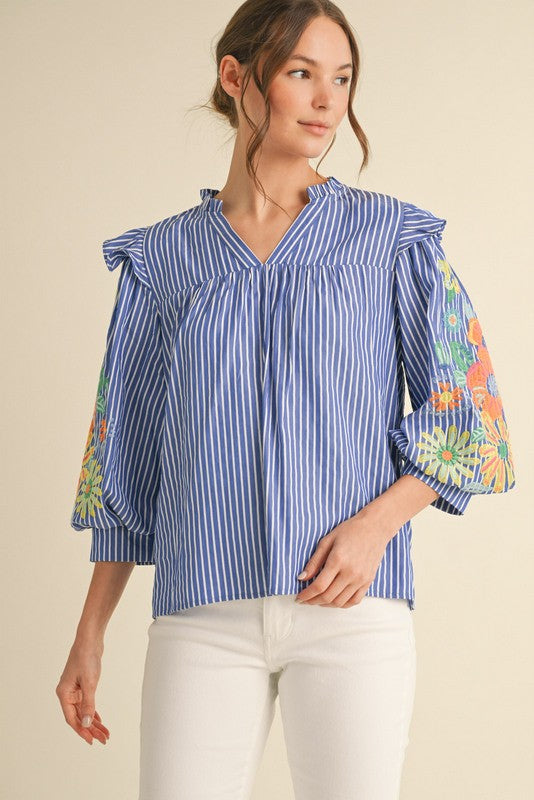 Embroidered Stripe Denim Top