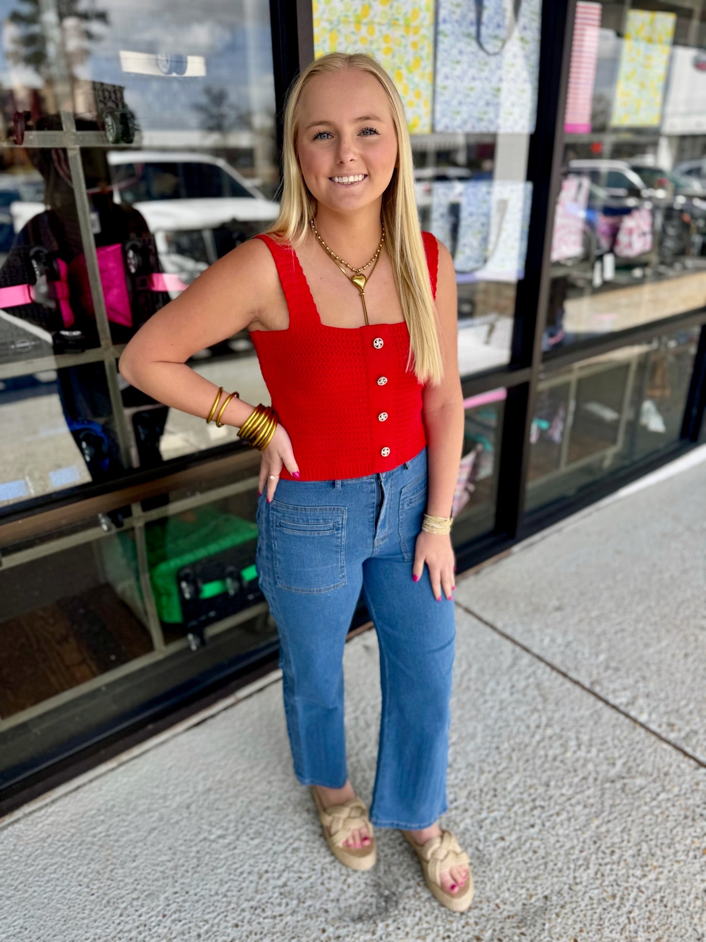 Button Crochet Crop Top- Red