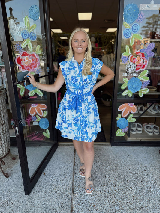 FLORAL PRINTED SHIRTS COLLAR MINI-BLUE MULTI