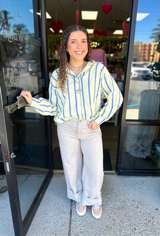 Dolman Cutie Top- butter/Blue Stripe