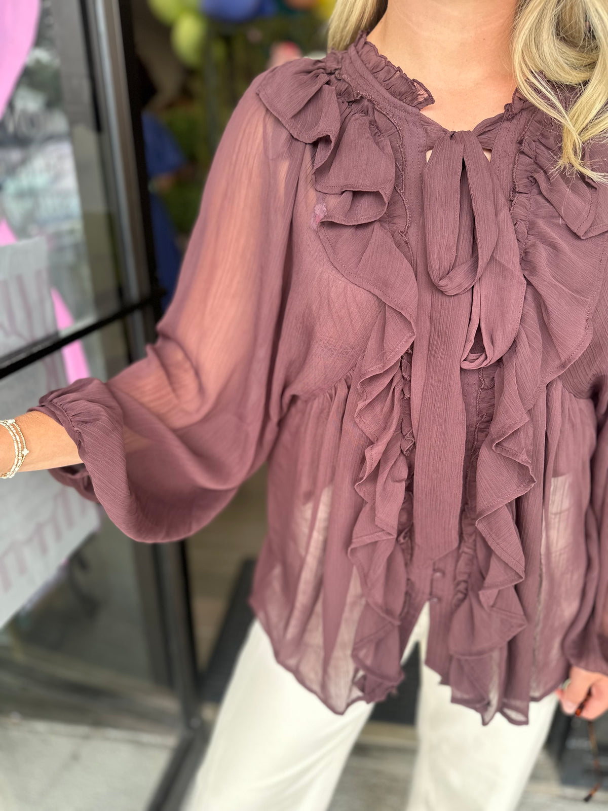 Cabernet Ruffled Front Tie Top Woven - chocolate