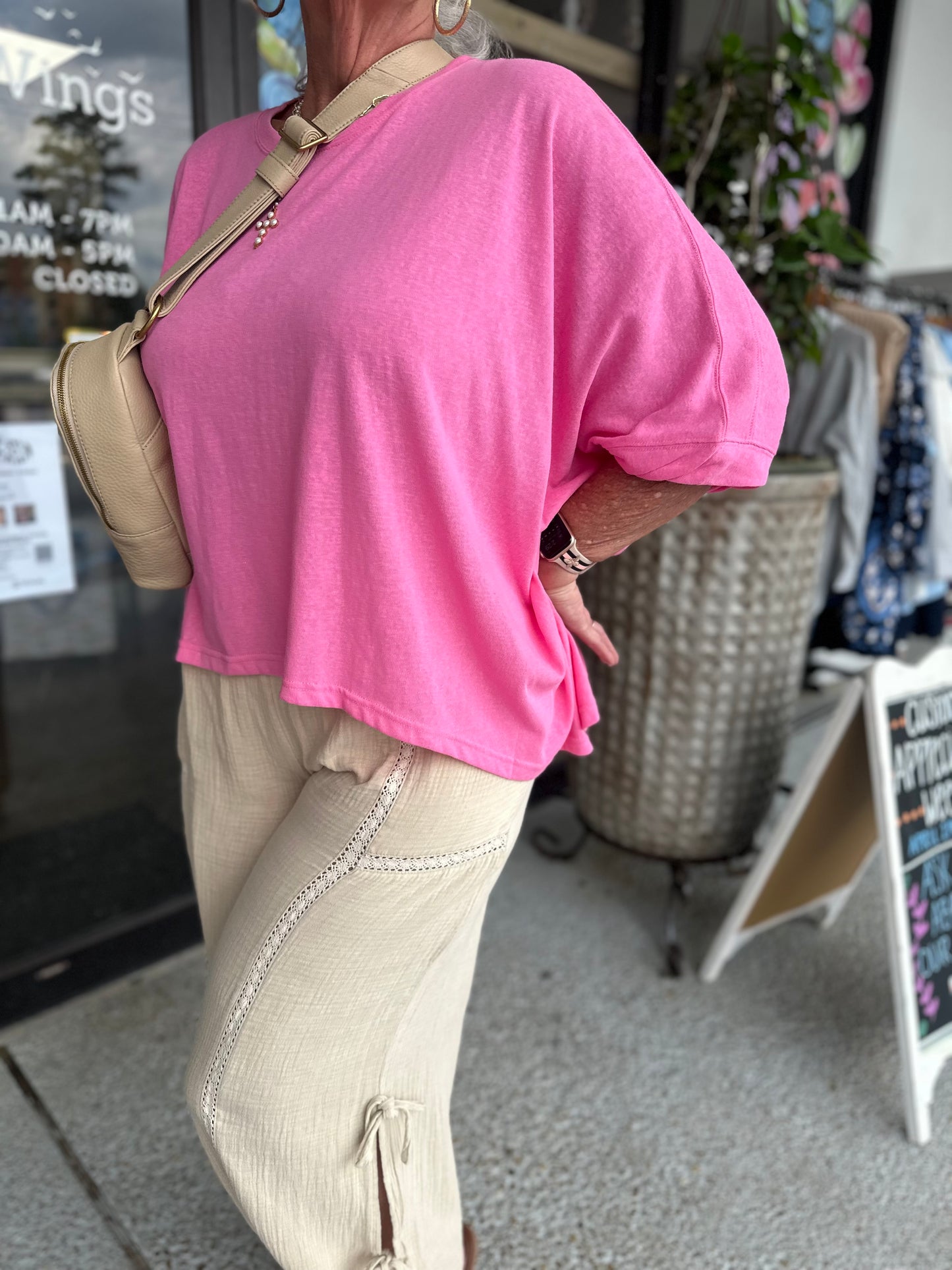 Oversize Dolman Sleeve Top-Azalea Pink