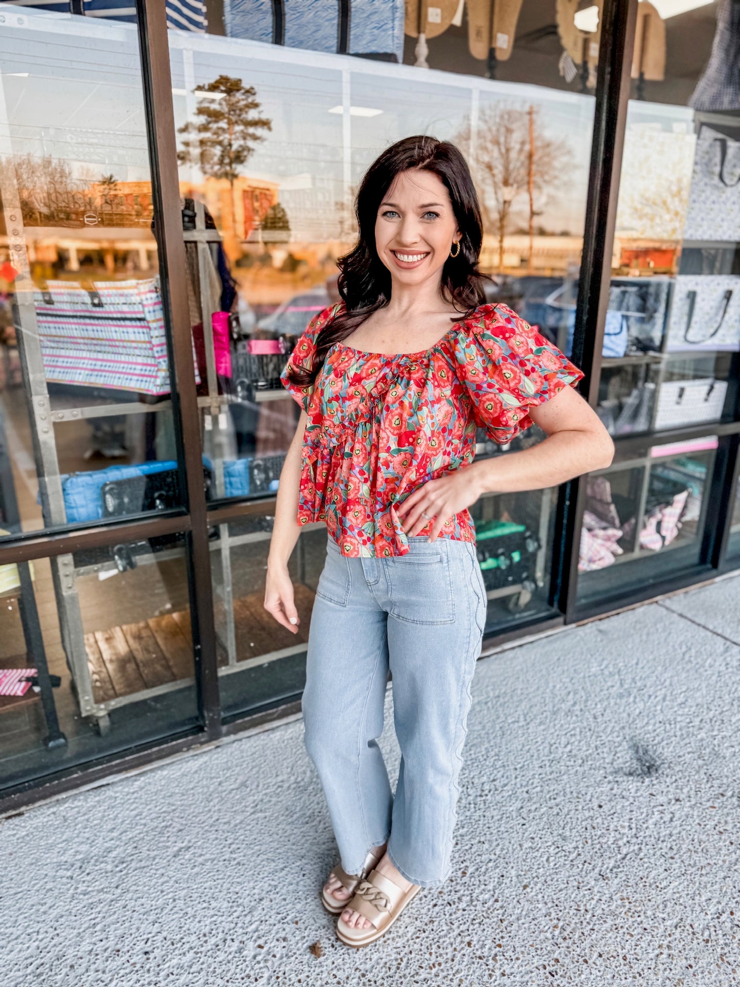 Floral Asymmetrical Blouse-Red