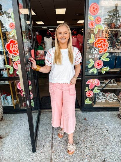 Washed Wide Crop Pants- Baby Pink