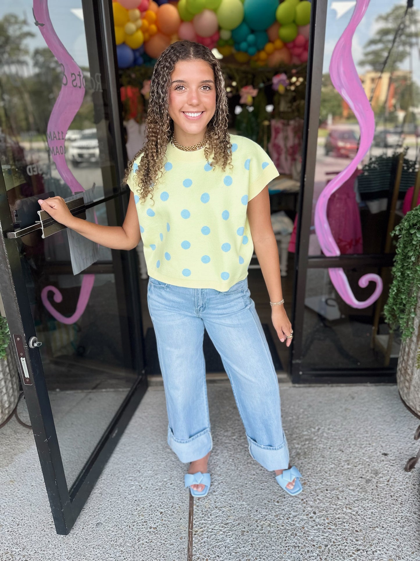 Polka Babe Top - lemon/lt blue